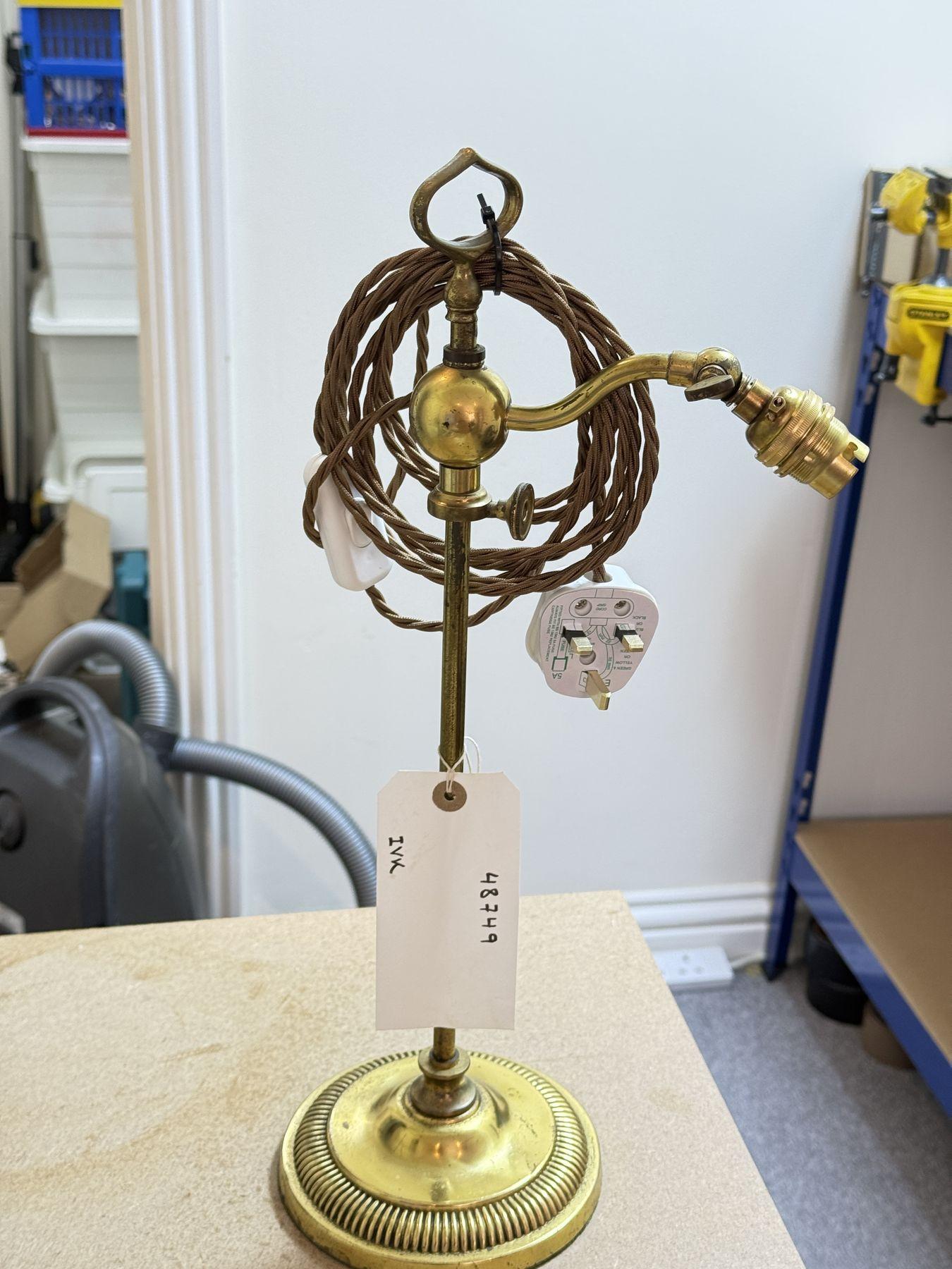 Brass lamp in the workshop, rewired and tagged