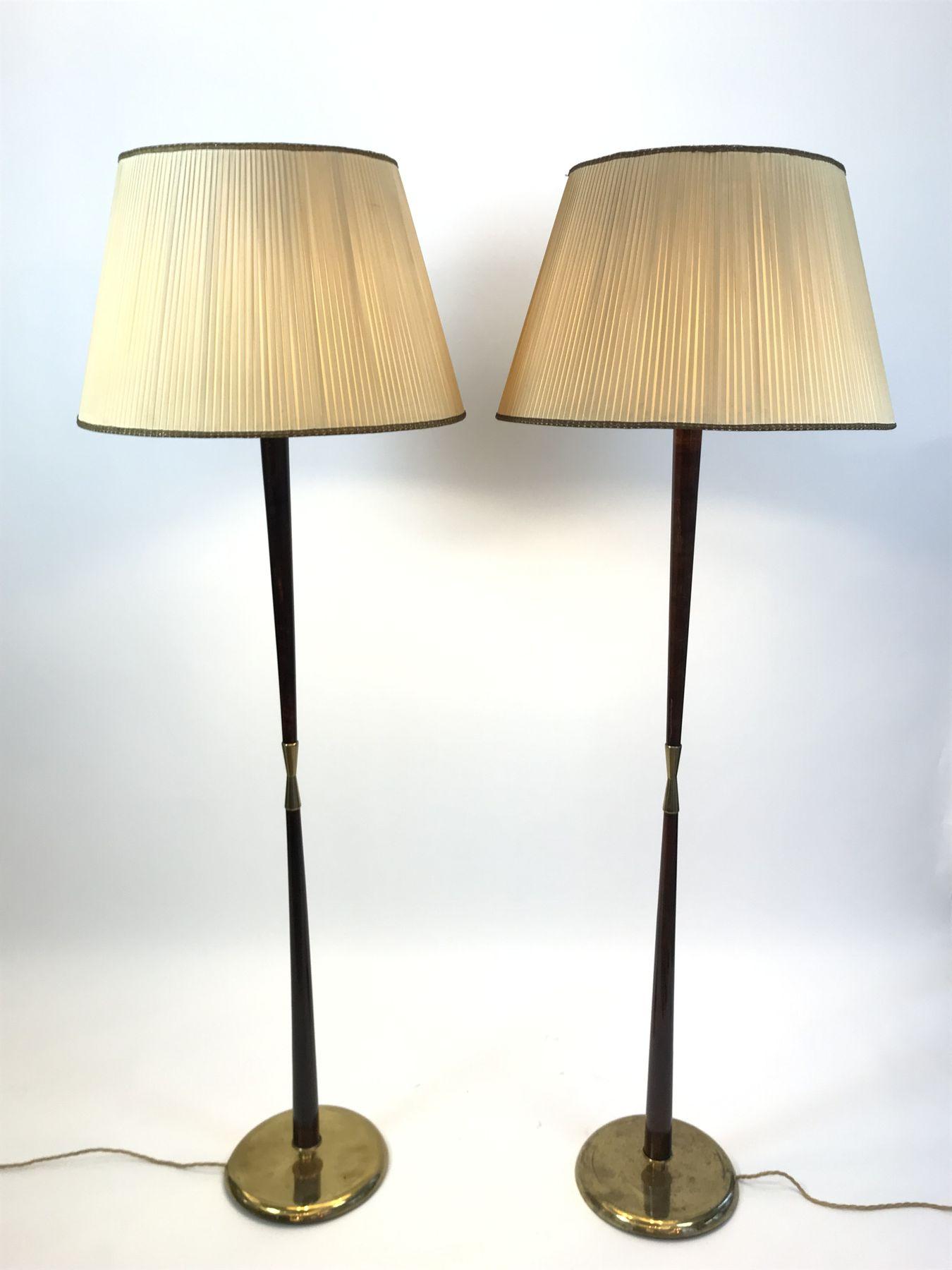 Pair of mid-century brass floor lamps with pleated shades